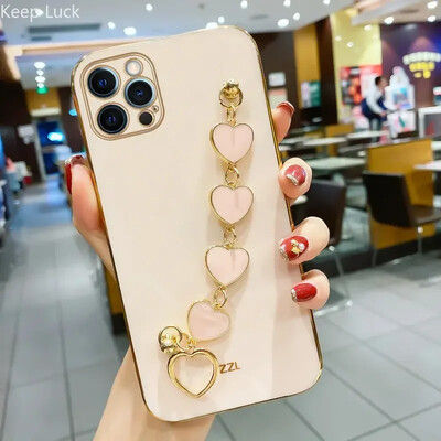 Fashion Plating Love Heart Bracelet Chain Case for iPhone 15 14 12 11 13 Pro Max X XS 13pro 14pro 7 8 Plus Κάλυμμα θήκης αντικραδασμικής