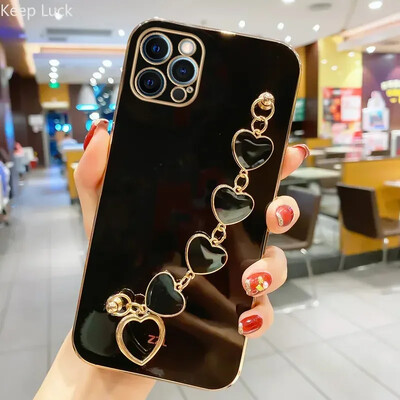 Fashion Plating Love Heart Bracelet Chain Case for iPhone 15 14 12 11 13 Pro Max X XS 13pro 14pro 7 8 Plus Κάλυμμα θήκης αντικραδασμικής