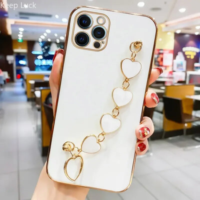 Fashion Plating Love Heart Bracelet Chain Case for iPhone 15 14 12 11 13 Pro Max X XS 13pro 14pro 7 8 Plus Κάλυμμα θήκης αντικραδασμικής