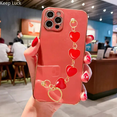 Fashion Plating Love Heart Bracelet Chain Case for iPhone 15 14 12 11 13 Pro Max X XS 13pro 14pro 7 8 Plus Κάλυμμα θήκης αντικραδασμικής