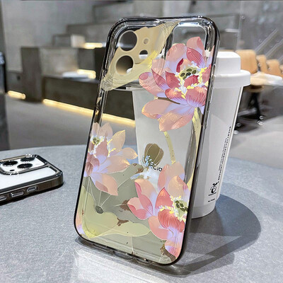 Прозрачен калъф за телефон с цвете на лотос за iPhone 11 Калъф iPhone 13 14 12 15 16 Pro Max XR XS X 7 8 Plus SE 2020 Удароустойчив капак