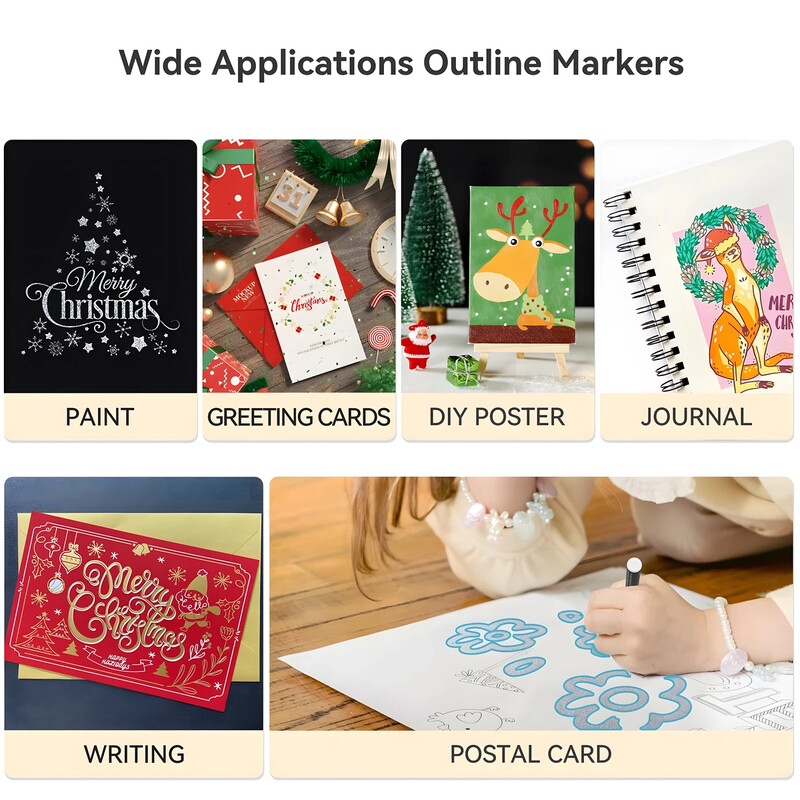 8/12/24 цвята Химикалки с контури с двойна линия, метални маркери с блясък, химикалки за писане за писане на коледни картички