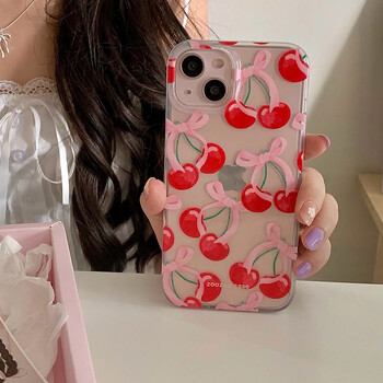 Θήκη τηλεφώνου Ins Summer Full Screen Red Cherry για iPhone 16 Pro Max 15 14 13 12 11 Xr Xs Max 7 8 Plus Y2K Pink Bowknot πίσω κάλυμμα