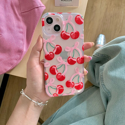 Ins nyári teljes képernyős Red Cherry telefontok iPhone 16 Pro Max 15 14 13 12 11 Xr Xs Max 7 8 Plus Y2K Pink Bowknot hátlaphoz