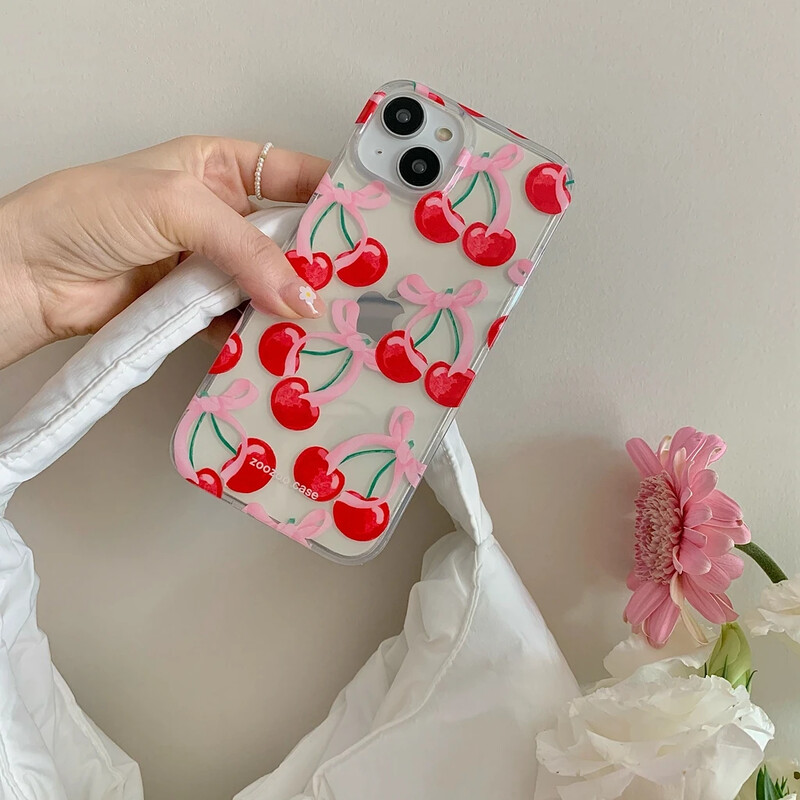 Ins Summer Full Screen telefonska maska Red Cherry za iPhone 16 Pro Max 15 14 13 12 11 Xr Xs Max 7 8 Plus Y2K Pink Bowknot stražnji poklopac