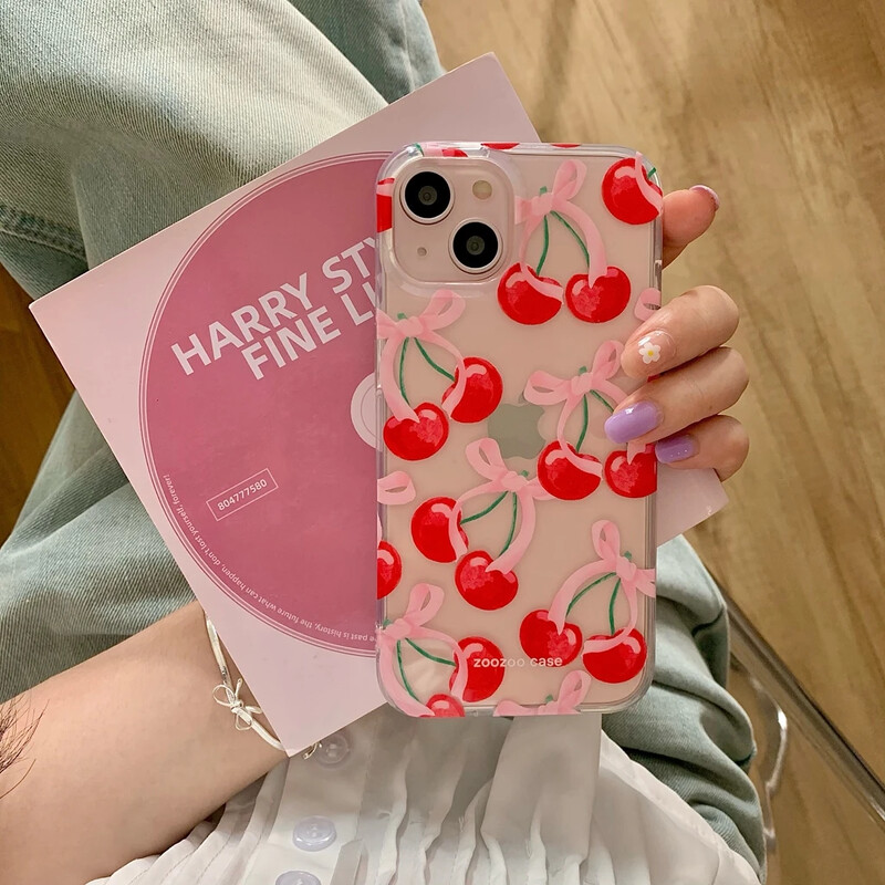 Ins Summer Full Screen telefonska maska Red Cherry za iPhone 16 Pro Max 15 14 13 12 11 Xr Xs Max 7 8 Plus Y2K Pink Bowknot stražnji poklopac