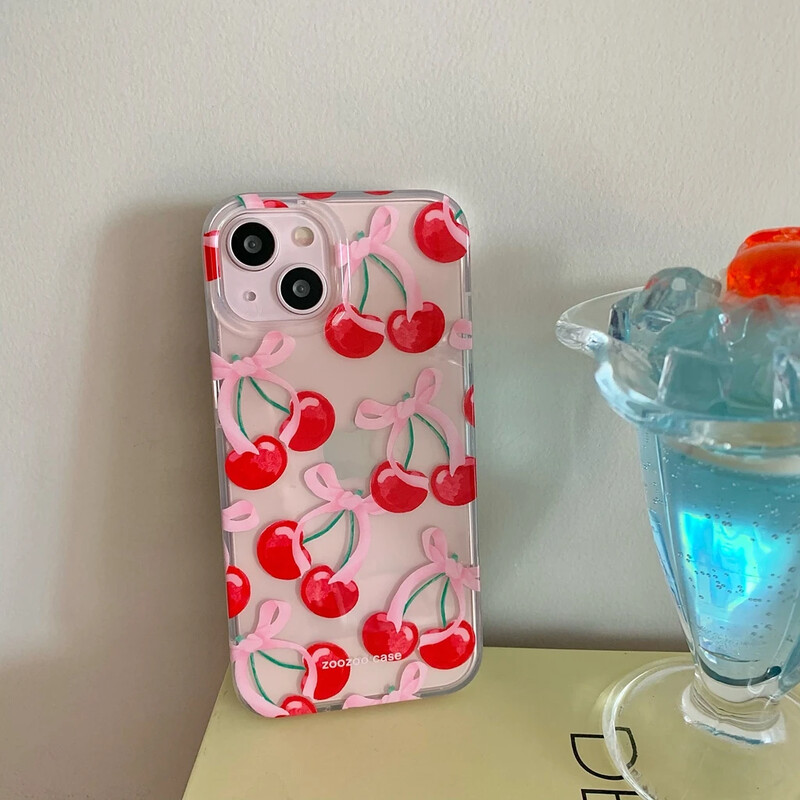 Ins Summer Full Screen telefonska maska Red Cherry za iPhone 16 Pro Max 15 14 13 12 11 Xr Xs Max 7 8 Plus Y2K Pink Bowknot stražnji poklopac