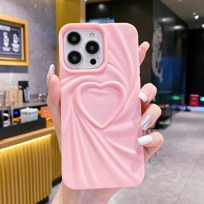 Fashion Fold Wrinkle 3D Love Heart Silikonska maska za iPhone 15 14 13 16 Pro Max Plus 12 11 PM Soft Matter Full Phone Cover