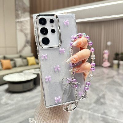 Χαριτωμένη διάφανη θήκη βραχιολιού Bowknot για Samsung Galaxy S24 Ultra S23 Plus S22 FE A15 A16 A25 A35 A55 A13 Κάλυμμα αλυσίδας καρπού