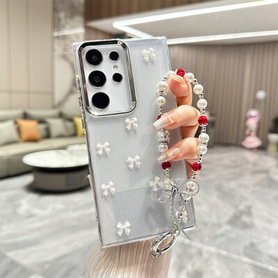 Χαριτωμένη διάφανη θήκη βραχιολιού Bowknot για Samsung Galaxy S24 Ultra S23 Plus S22 FE A15 A16 A25 A35 A55 A13 Κάλυμμα αλυσίδας καρπού