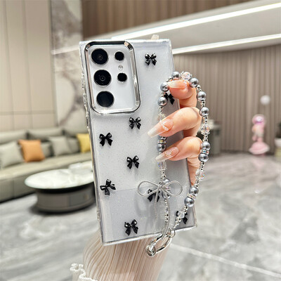 Χαριτωμένη διάφανη θήκη βραχιολιού Bowknot για Samsung Galaxy S24 Ultra S23 Plus S22 FE A15 A16 A25 A35 A55 A13 Κάλυμμα αλυσίδας καρπού