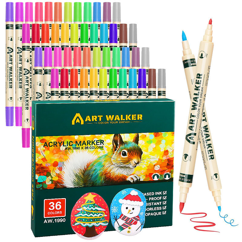 Set de 12/24/36 de culori Marker acrilic cu două capete Stilo de culoare Art Graffiti Pen, opac, pe bază de apă, stilou cu cap moale, consumabile de artă