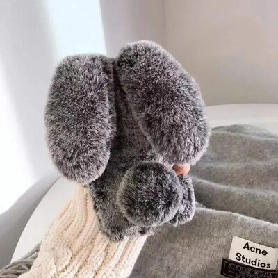 Minkštas pliušinis telefono dėklas, skirtas iPhone 11 12 13 14 Pro XR X Xs Max mini 7 8 6 6s Plus MAX 5 5S SE 3D Furry Rabbit Bunny Fur back dangtelis