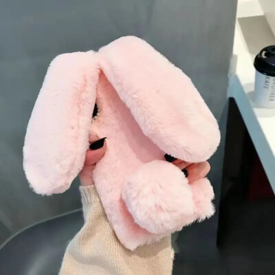 Minkštas pliušinis telefono dėklas, skirtas iPhone 11 12 13 14 Pro XR X Xs Max mini 7 8 6 6s Plus MAX 5 5S SE 3D Furry Rabbit Bunny Fur back dangtelis