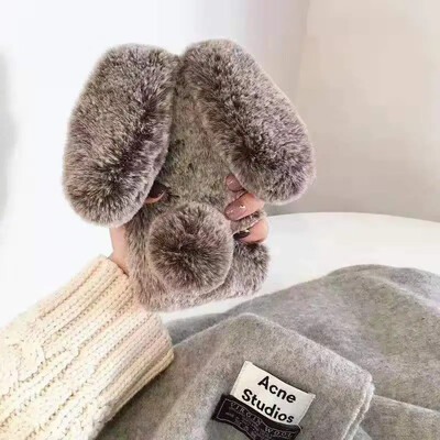 Minkštas pliušinis telefono dėklas, skirtas iPhone 11 12 13 14 Pro XR X Xs Max mini 7 8 6 6s Plus MAX 5 5S SE 3D Furry Rabbit Bunny Fur back dangtelis