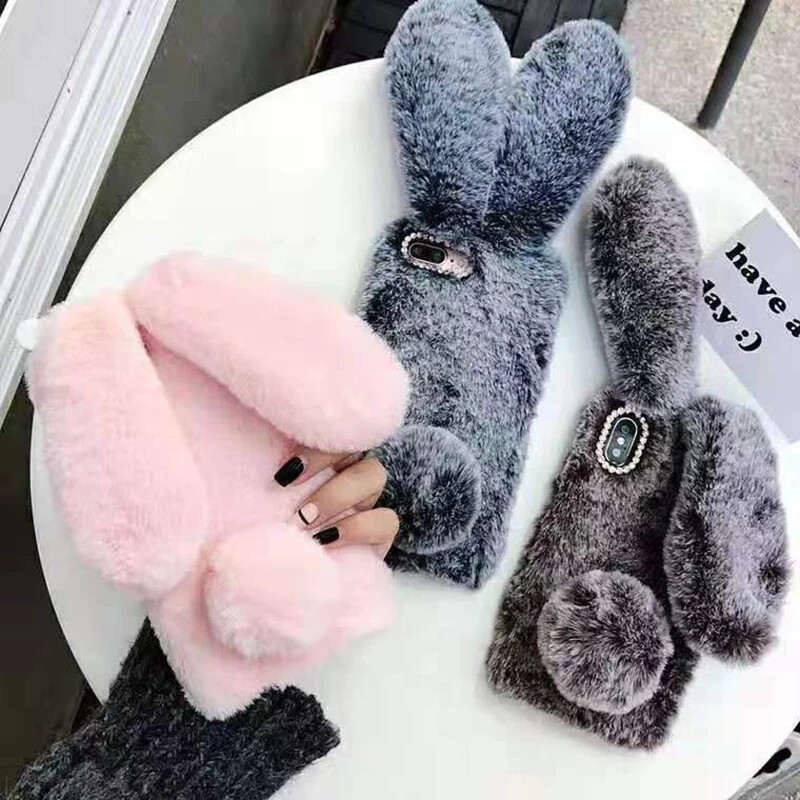 Mekana plišana telefonska torbica za iPhone 11 12 13 14 Pro XR X Xs Max mini 7 8 6 6s Plus MAX 5 5S SE 3D krzneni stražnji poklopac s krznom zeca i zeca