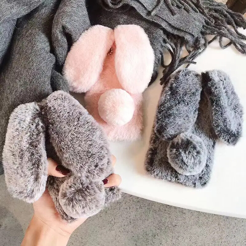 Mekana plišana telefonska torbica za iPhone 11 12 13 14 Pro XR X Xs Max mini 7 8 6 6s Plus MAX 5 5S SE 3D krzneni stražnji poklopac s krznom zeca i zeca