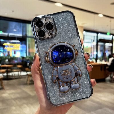Πολυτελής επιμετάλλωση Flash Glitter Θήκη τηλεφώνου Astronaut για iPhone 11 12 13 Mini 14 15 16 Pro Max X XR Stand κάλυμμα σε 7 8 Plus