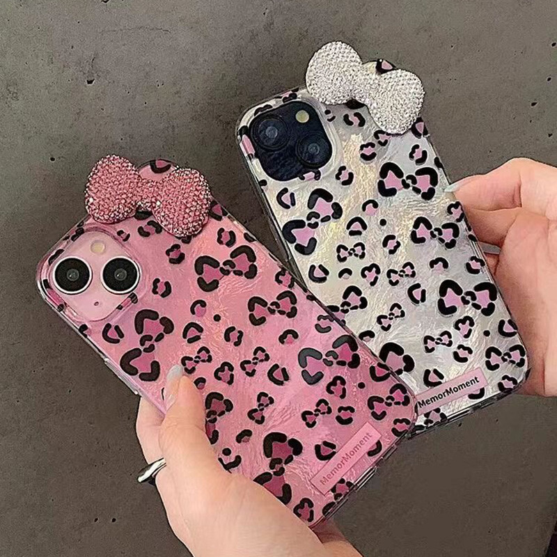 Šareni Leopard Blink Diamond Bowknot Luster Lining Phone Case za iPhone 16 15 14 Plus 13 Mini 12 Pro Max 11 7 8 SE X XS XR