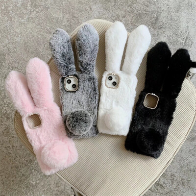 Husă pentru telefon din blană moale pentru iPhone 16 promax 15 Pro Max 14 Plus 13 Mini 3D Furry Rabbit Bunny Warm Winter Plush Cover Fundas