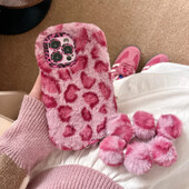 Madingas Leopard Print Fluffy pliušinis stovo laikiklis su apyrankės telefono dėklu, skirtas iPhone 11 12 14 13 15 16 Pro Max Plus laikiklio dangtelis