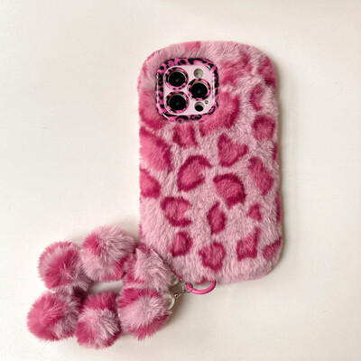Madingas Leopard Print Fluffy pliušinis stovo laikiklis su apyrankės telefono dėklu, skirtas iPhone 11 12 14 13 15 16 Pro Max Plus laikiklio dangtelis