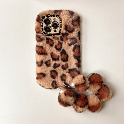 Madingas Leopard Print Fluffy pliušinis stovo laikiklis su apyrankės telefono dėklu, skirtas iPhone 11 12 14 13 15 16 Pro Max Plus laikiklio dangtelis