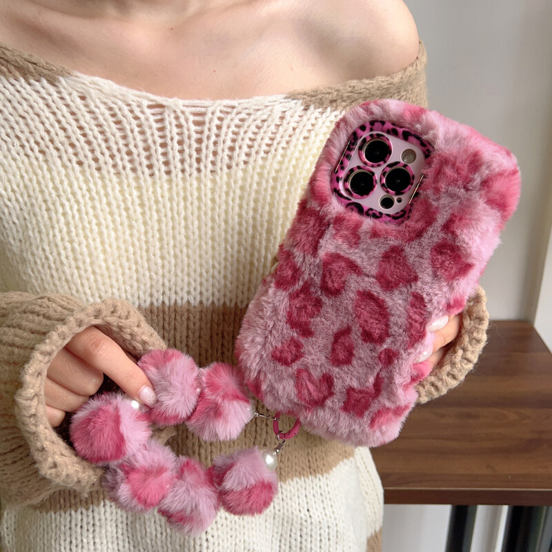 Moodne Leopard Print Fluffy plüüsist aluse hoidik käevõru telefoniümbrisega iPhone 11 12 14 13 15 16 Pro Max Plus kronsteini kaanega