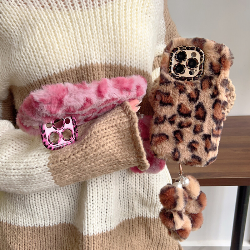 Moodne Leopard Print Fluffy plüüsist aluse hoidik käevõru telefoniümbrisega iPhone 11 12 14 13 15 16 Pro Max Plus kronsteini kaanega