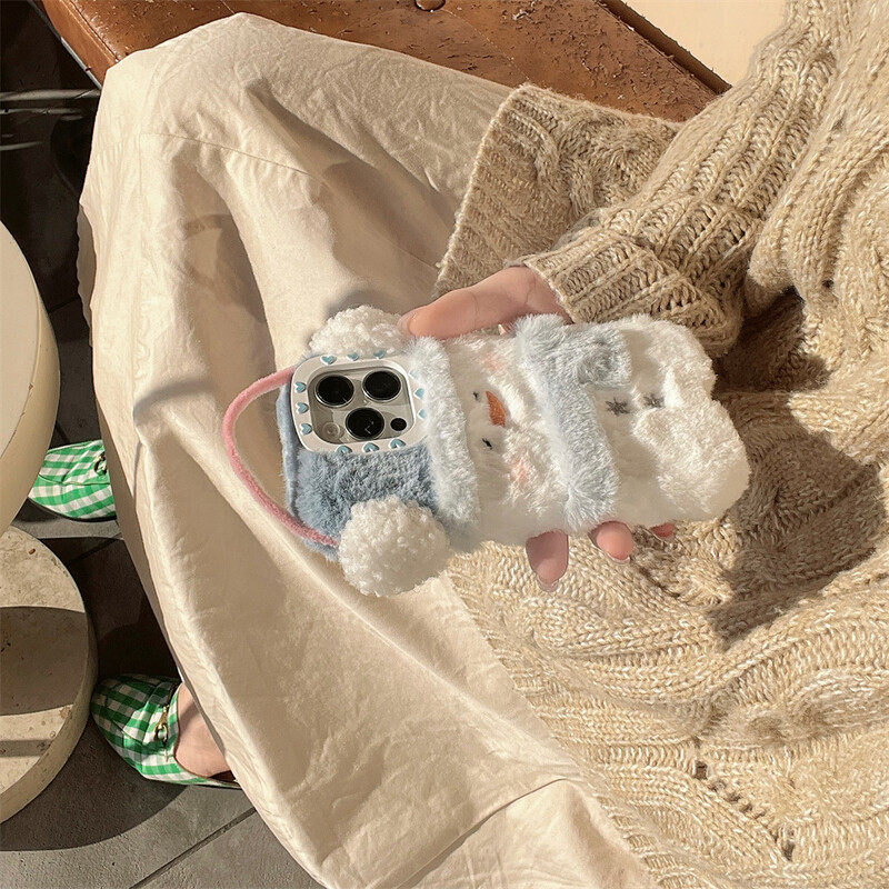 Сладък анимационен пухкав снежен човек Калъф за iPhone 16 15 14 Pro Max 12 13 11 16Pro Плюшен зимен топъл любовен сърце Меко удароустойчиво покритие