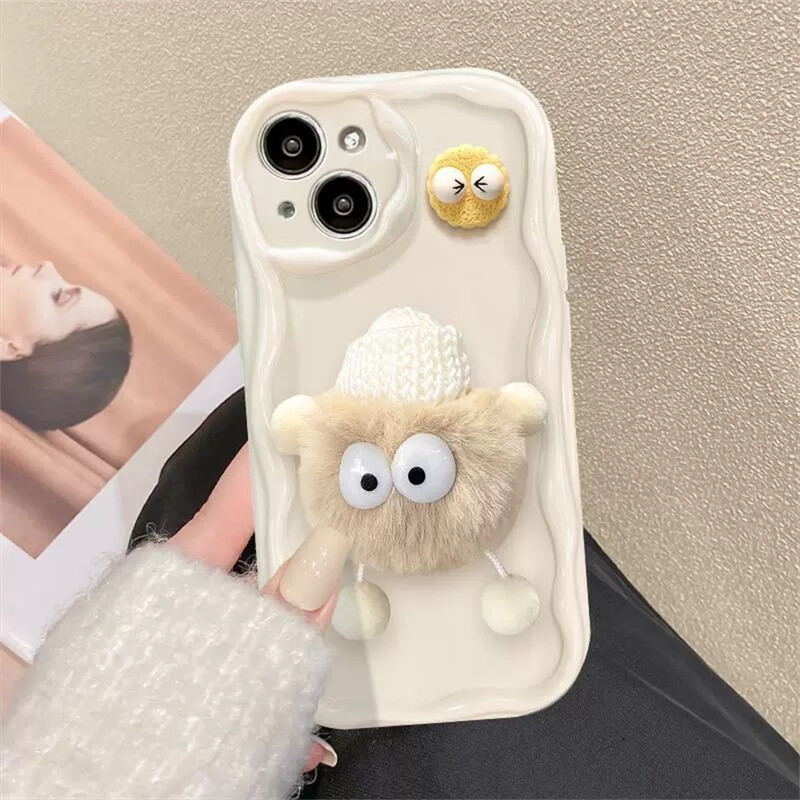Korejska slatka 3D Fluffy Briquettes telefonska maska za iPhone 15 14 13 12 11 Pro MAX X XS XR 7 8 Plus SE 3 Girl Wavy Soft Plish Cover