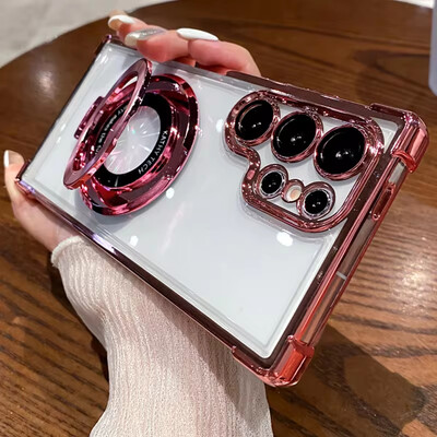 Четири ъгъла с въздушна възглавница против падане Прозрачен галванизиран магнитен стойка Защитен калъф за Samsung Galaxy S23 S23 S24 Ultra