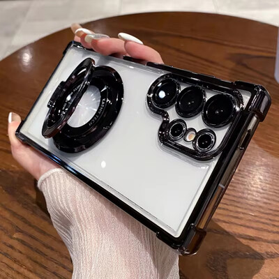 Четири ъгъла с въздушна възглавница против падане Прозрачен галванизиран магнитен стойка Защитен калъф за Samsung Galaxy S23 S23 S24 Ultra