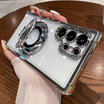 Четири ъгъла с въздушна възглавница против падане Прозрачен галванизиран магнитен стойка Защитен калъф за Samsung Galaxy S23 S23 S24 Ultra