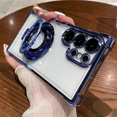 Четири ъгъла с въздушна възглавница против падане Прозрачен галванизиран магнитен стойка Защитен калъф за Samsung Galaxy S23 S23 S24 Ultra