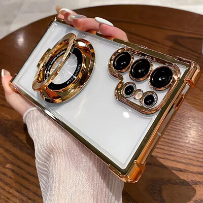 Четири ъгъла с въздушна възглавница против падане Прозрачен галванизиран магнитен стойка Защитен калъф за Samsung Galaxy S23 S23 S24 Ultra