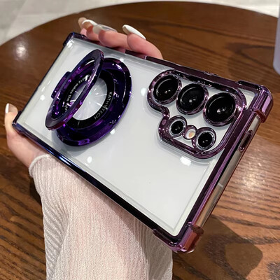 Четири ъгъла с въздушна възглавница против падане Прозрачен галванизиран магнитен стойка Защитен калъф за Samsung Galaxy S23 S23 S24 Ultra