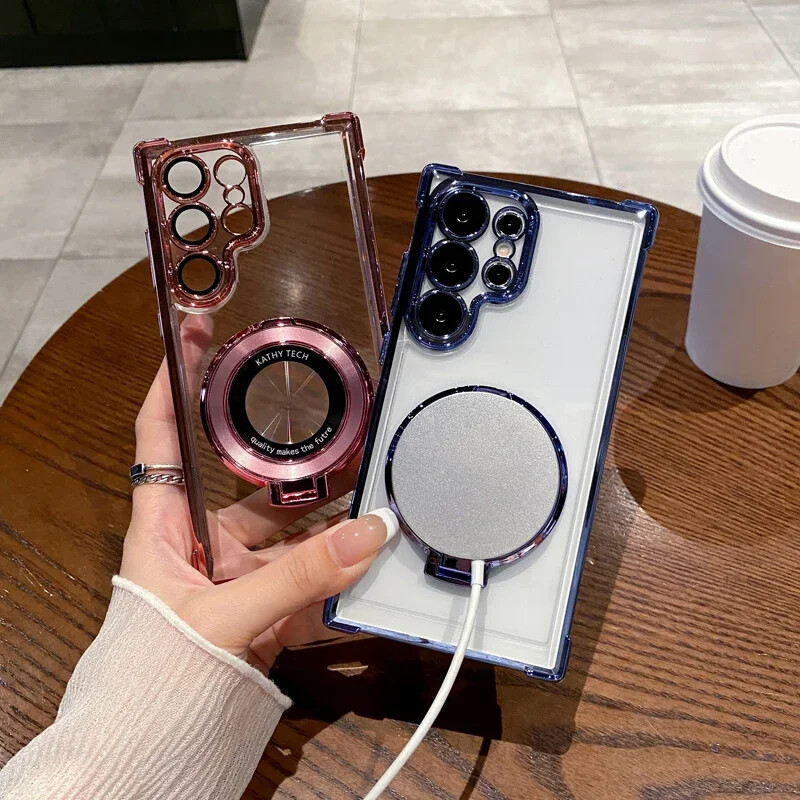 Четири ъгъла с въздушна възглавница против падане Прозрачен галванизиран магнитен стойка Защитен калъф за Samsung Galaxy S23 S23 S24 Ultra