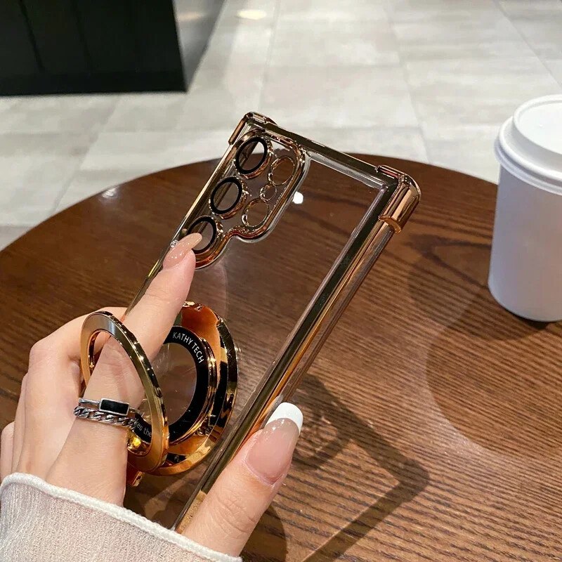 Четири ъгъла с въздушна възглавница против падане Прозрачен галванизиран магнитен стойка Защитен калъф за Samsung Galaxy S23 S23 S24 Ultra