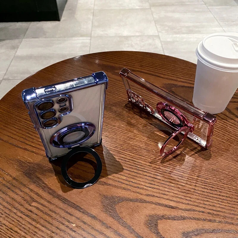 Четири ъгъла с въздушна възглавница против падане Прозрачен галванизиран магнитен стойка Защитен калъф за Samsung Galaxy S23 S23 S24 Ultra