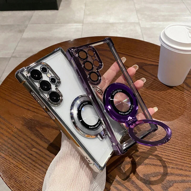 Четири ъгъла с въздушна възглавница против падане Прозрачен галванизиран магнитен стойка Защитен калъф за Samsung Galaxy S23 S23 S24 Ultra