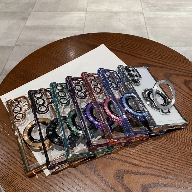 Четири ъгъла с въздушна възглавница против падане Прозрачен галванизиран магнитен стойка Защитен калъф за Samsung Galaxy S23 S23 S24 Ultra