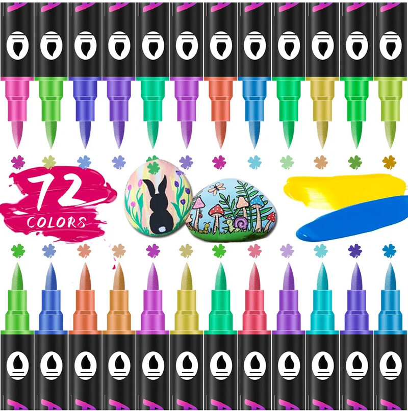 Markere de vopsea acrilică de 24/48/72 de culori, pixuri cu vârf dublu cu vârf de punct și vârf de pensulă pentru pictura pe piatră, lemn, ceramică, țesătură, pânză, bricolaj