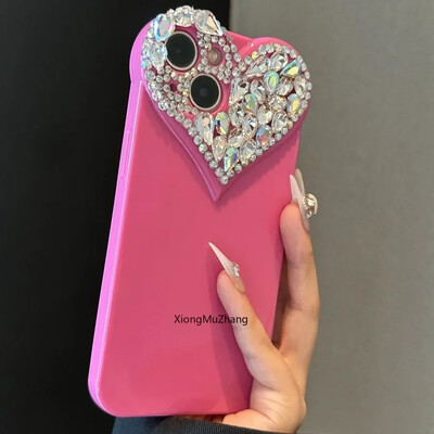 Πολυτελής θήκη Womem Large 3D Love Diamond Rhinestone για IPhone 16 13 Pro Max 15 14 13 Plus 12 11 Pro Max XSMax Crystal Girl Cover