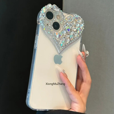 Πολυτελής θήκη Womem Large 3D Love Diamond Rhinestone για IPhone 16 13 Pro Max 15 14 13 Plus 12 11 Pro Max XSMax Crystal Girl Cover