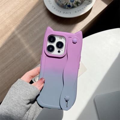 Калъф за телефон с каишка за китка за iPhone 15 14 Plus 13 12 11 Pro Max XR X XS Анимационен градиент Котешки уши Мек TPU защитен заден капак