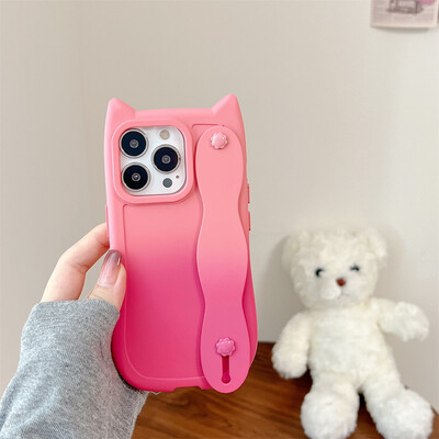 Калъф за телефон с каишка за китка за iPhone 15 14 Plus 13 12 11 Pro Max XR X XS Анимационен градиент Котешки уши Мек TPU защитен заден капак