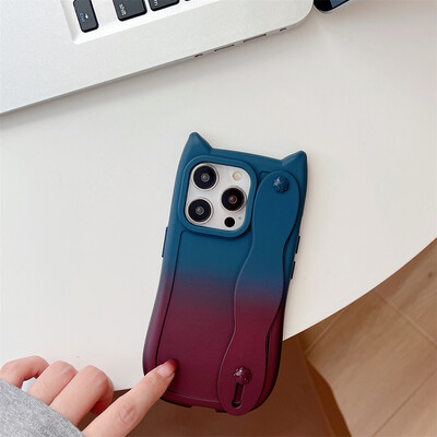 Калъф за телефон с каишка за китка за iPhone 15 14 Plus 13 12 11 Pro Max XR X XS Анимационен градиент Котешки уши Мек TPU защитен заден капак