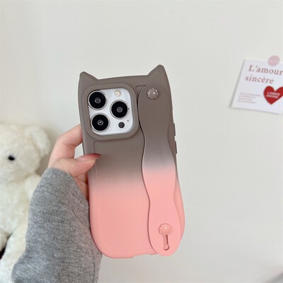 Калъф за телефон с каишка за китка за iPhone 15 14 Plus 13 12 11 Pro Max XR X XS Анимационен градиент Котешки уши Мек TPU защитен заден капак