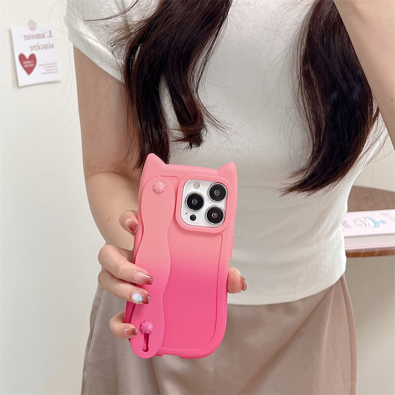 Калъф за телефон с каишка за китка за iPhone 15 14 Plus 13 12 11 Pro Max XR X XS Анимационен градиент Котешки уши Мек TPU защитен заден капак